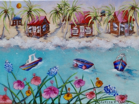 Bajan Houses, Boats & Flowers  9"x 12" Acrylic on Canvas