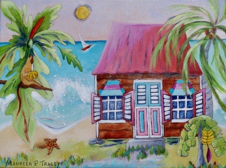 Chattel House & Monkey  9"x 12", Acrylic on Canvas